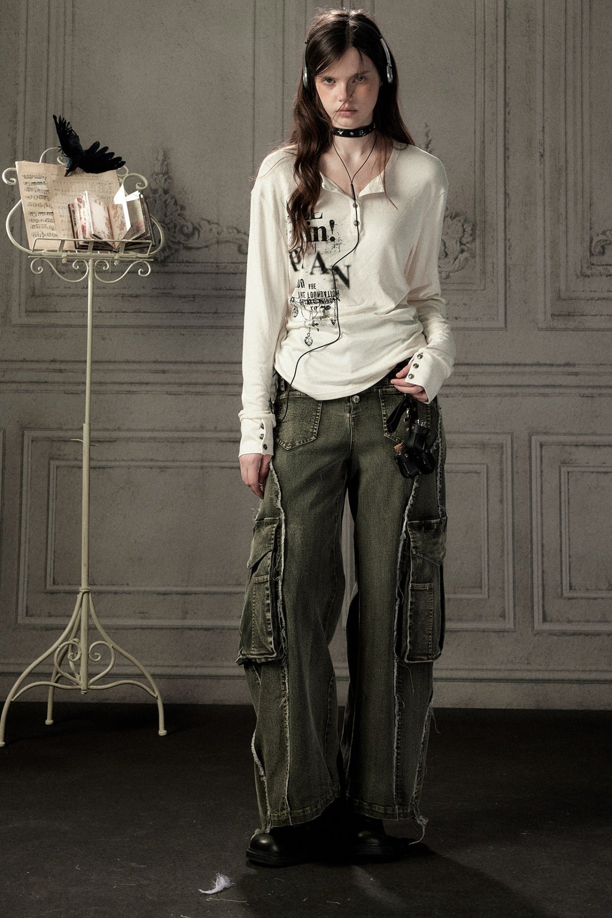 Beige Printed Long-Sleeved T-Shirt