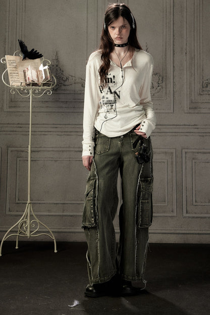 Beige Printed Long-Sleeved T-Shirt