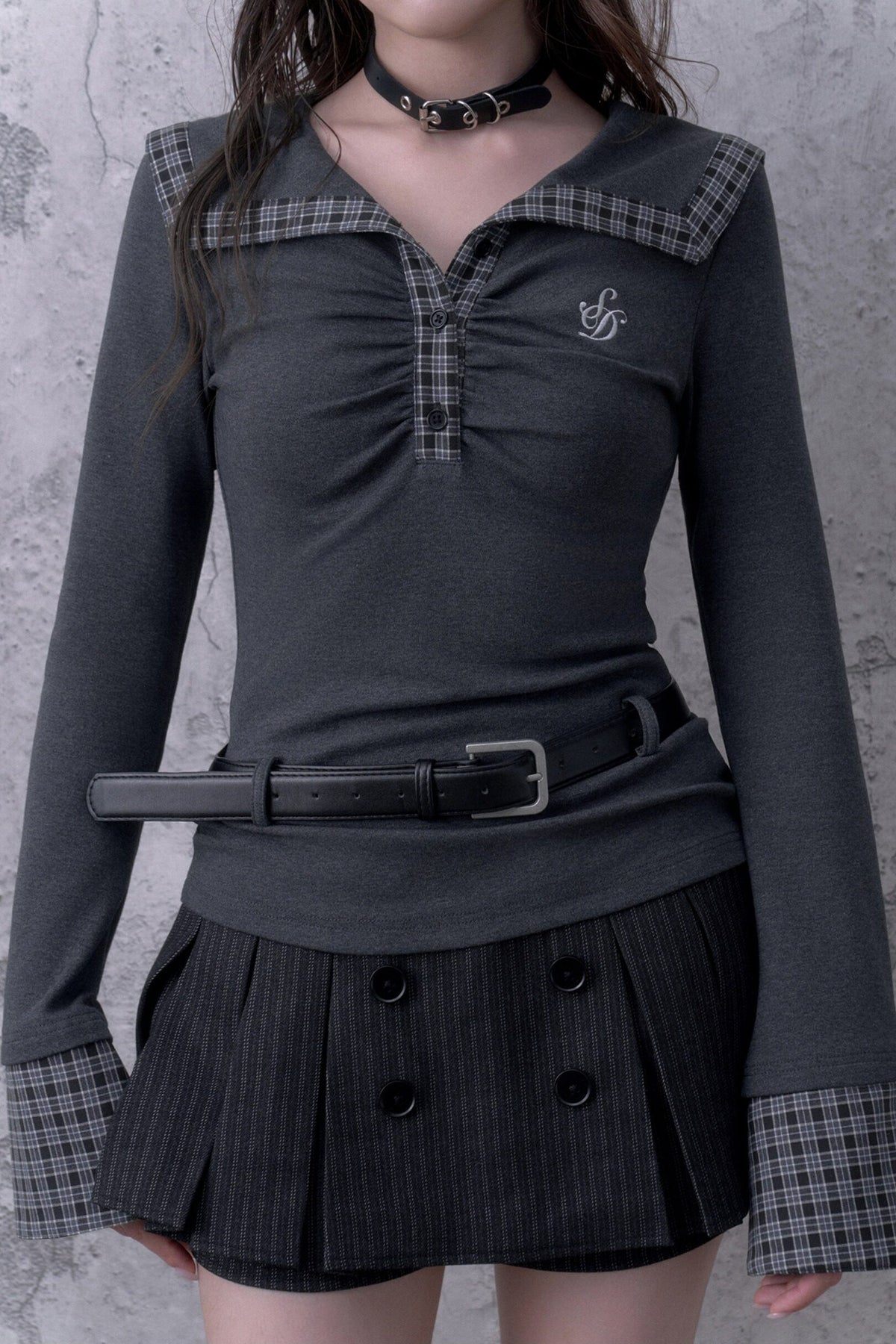 Gray Large Lapel Ruched Patchwork Top