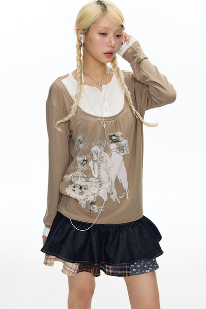 Brown Layered-Look Long Sleeve T-Shirt