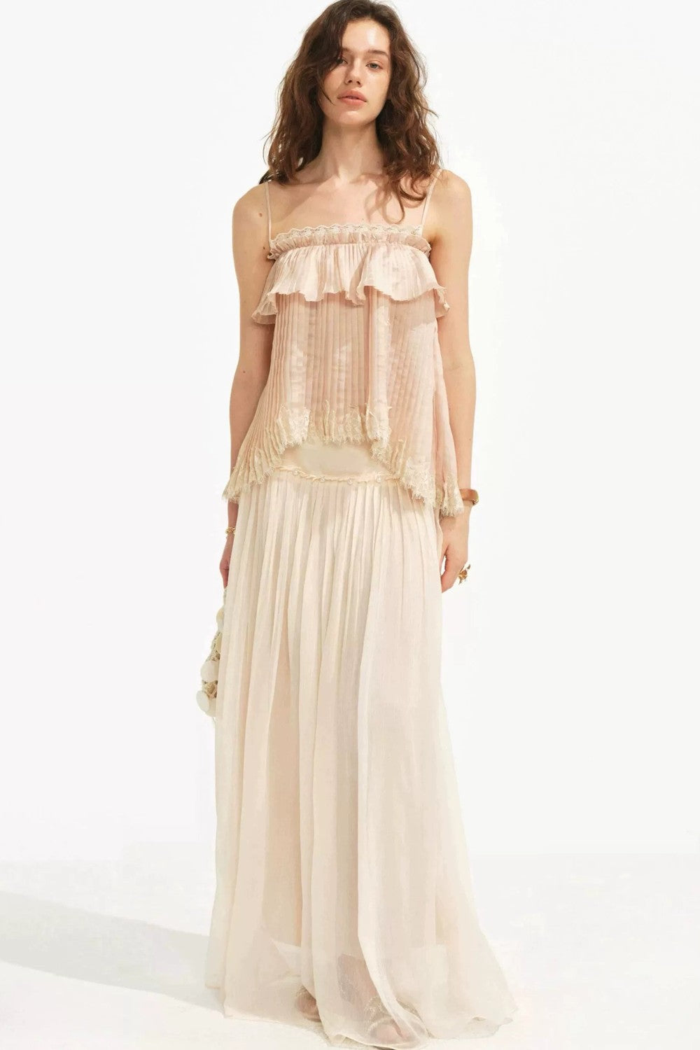 Retro Pleated Lace Pearl Skirt Set-Up