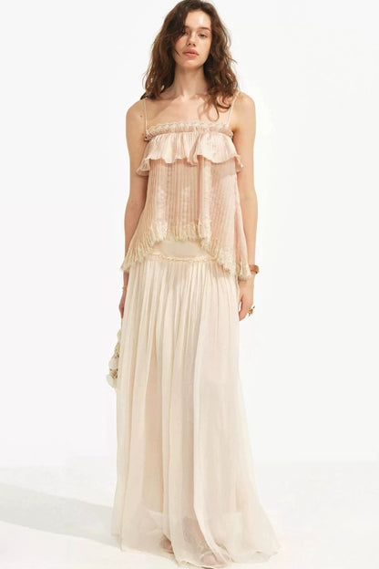 Retro Pleated Lace Pearl Skirt Set-Up