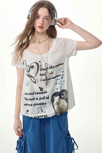 Marineblaues Kurzarmshirt mit Katzenmotiv