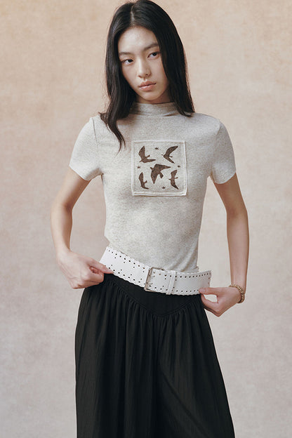T-Shirt mit Vogelprint und Leinenstruktur