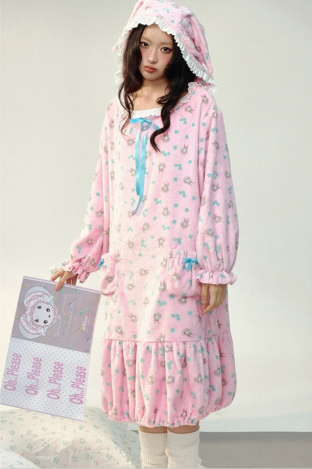 Pink Floral Flannel Ruffled Hooded Robe