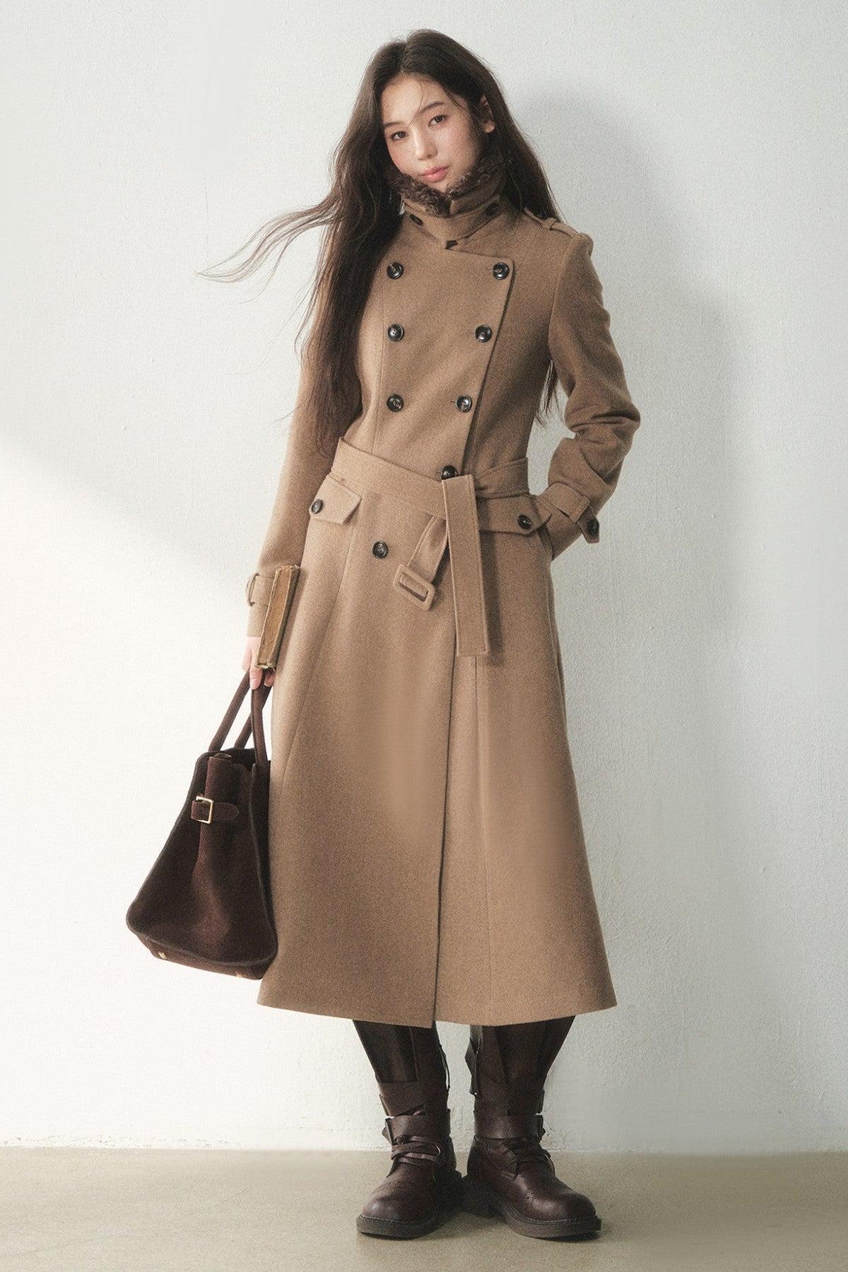 Brown Double-Breasted Wool Coat