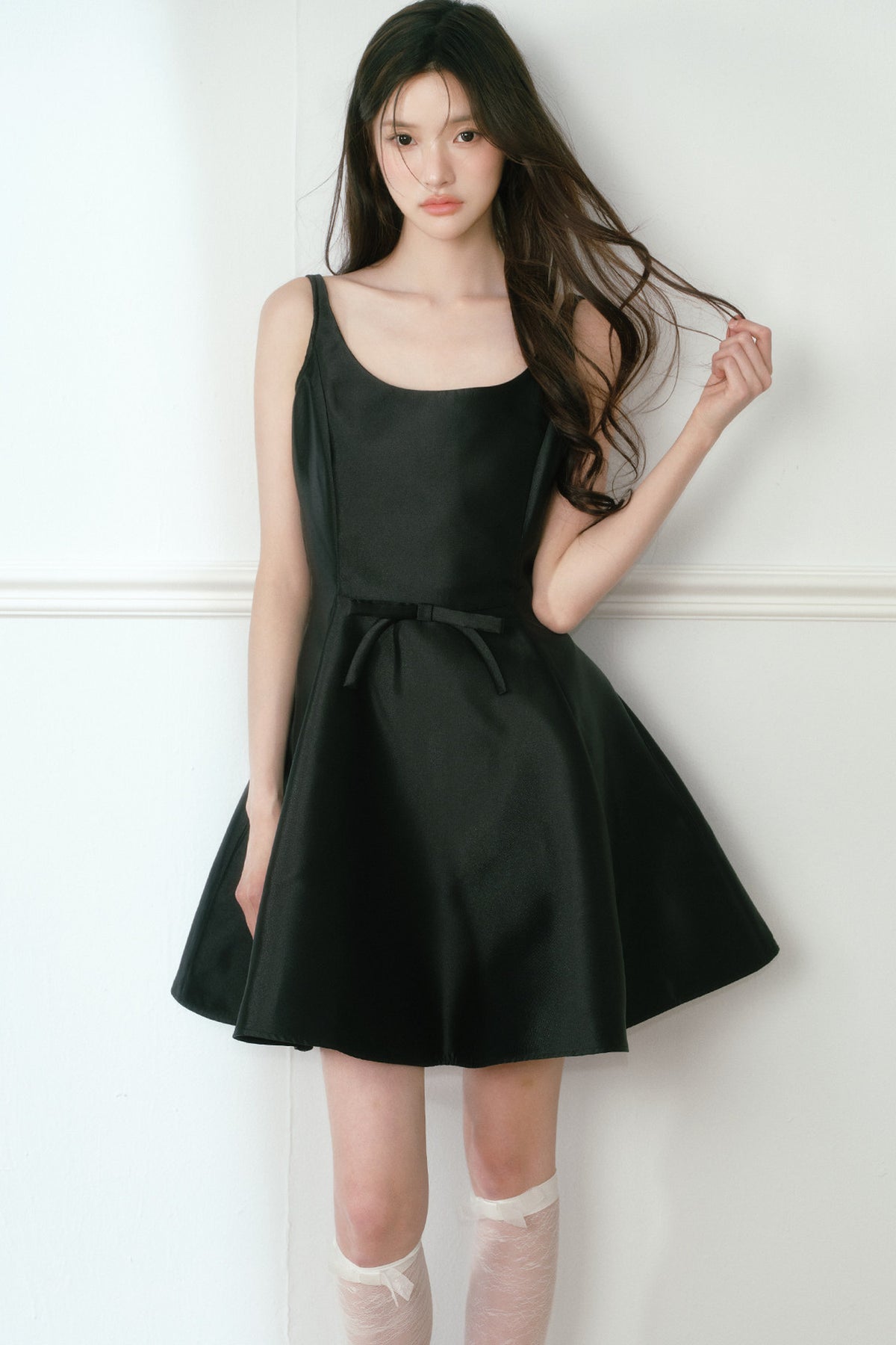 Glossy Black Spaghetti Strap A-Line Dress