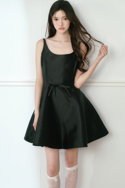 Glossy Black Spaghetti Strap A-Line Dress