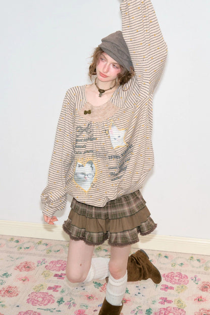 Striped Cat Print Sweatshirt