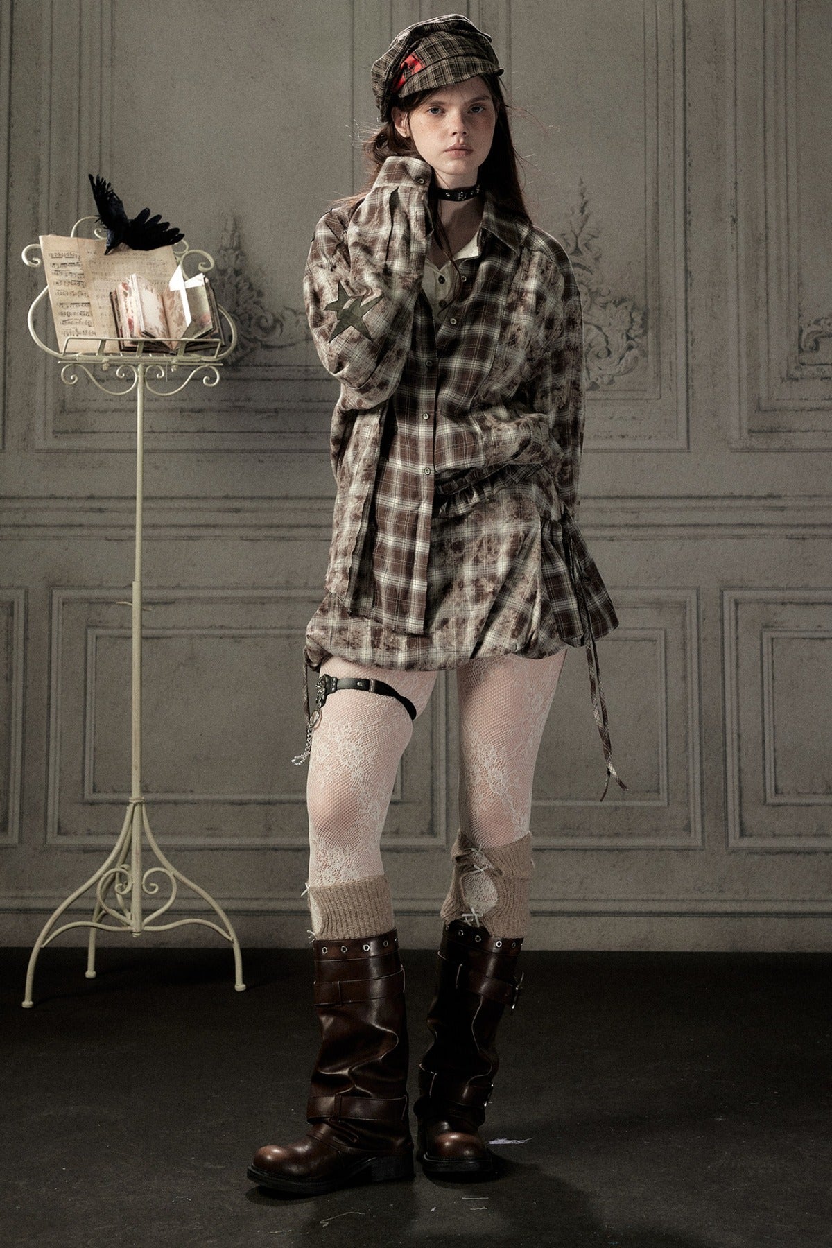 High-Waisted Coffee Plaid Ruffle Tie Skirt