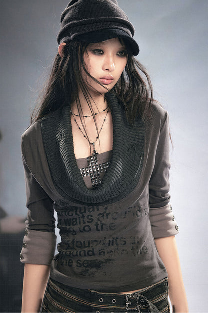Punk Graffiti Rhinestone Lapel Knit Blouse