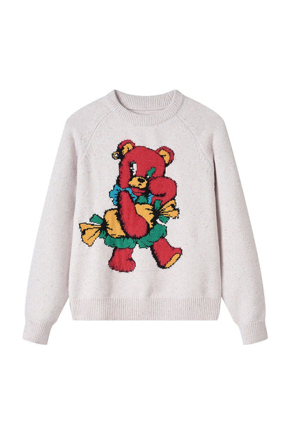 Red Cartoon Bear Raglan Pullover Sweater