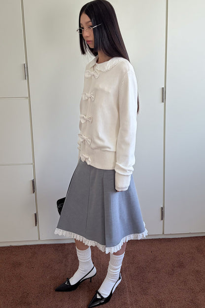 Gray Pleated Lace A-Line Skirt