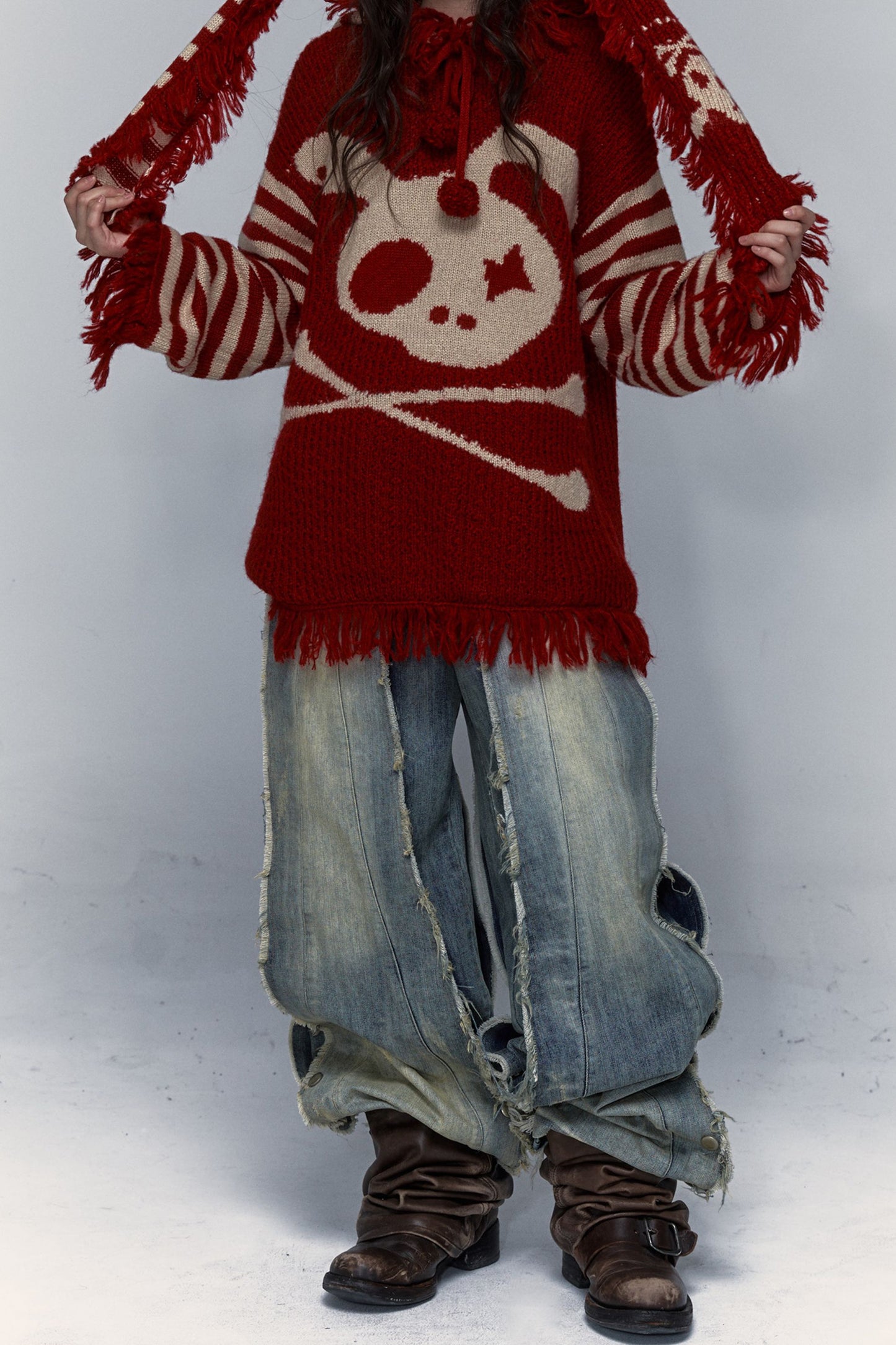 Skull Rabbit Hooded Knit Blouse