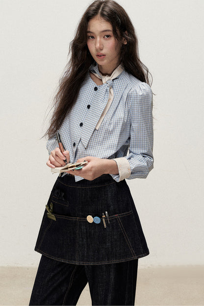 Plaid Contrast Ribbon Shirt and Skirt Set-Up