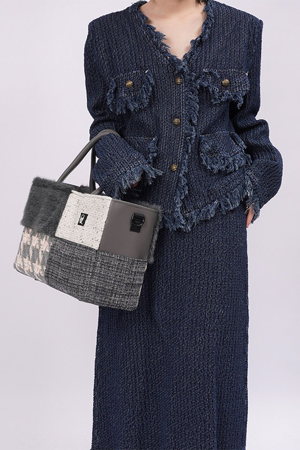 Furry Color-Block Tote Bag