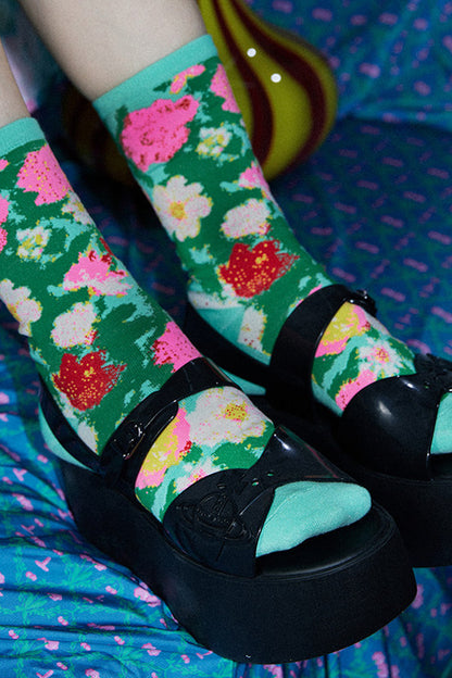 Pixel Floral Cotton Socks
