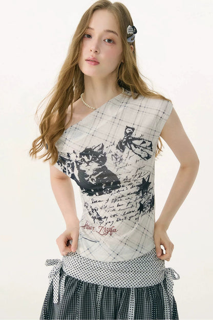 Cat Plaid Mesh Off-Shoulder T-Shirt