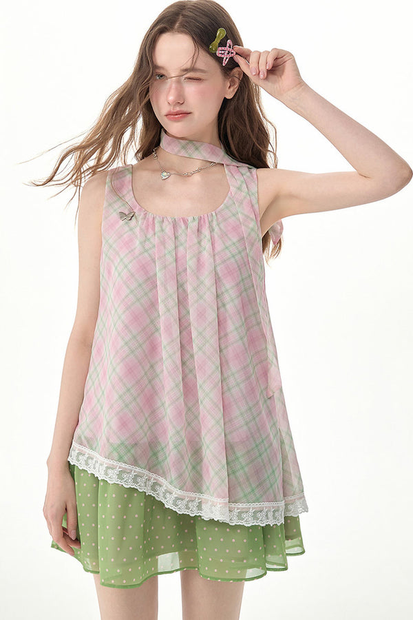 Pink Plaid Lace Trim Spaghetti Strap Dress