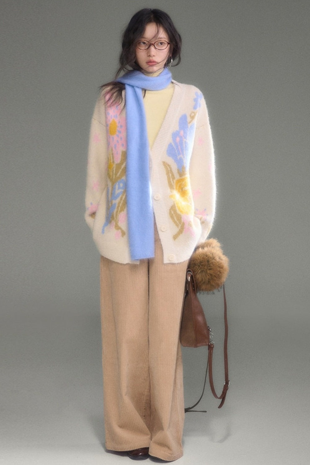 Ear-Flap Bird Tulip Jacquard Wool Cardigan