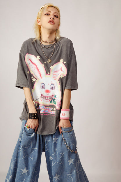Loose Fit Punk Rock Rabbit Print T-Shirt