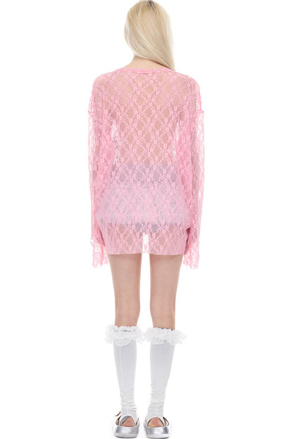 Loose Ripped Lace Cat Print Tee