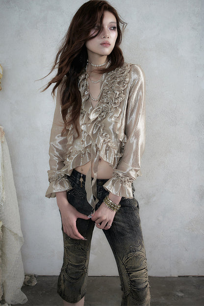 Ruffle Trim Tie Waist Long-Sleeved Blouse