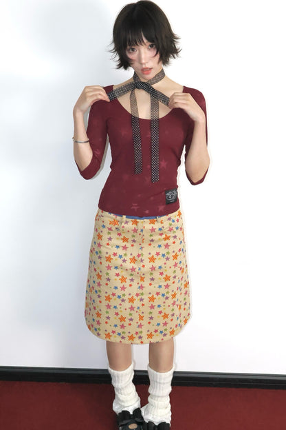Star Print Mid-Waist A-Line Skirt