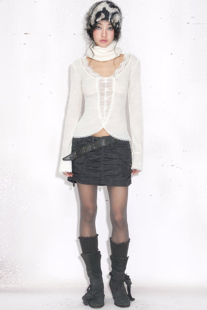 Ruched Pleated Belt Chain Skirt