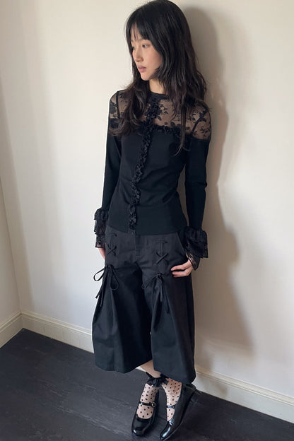 Lace Patchwork Ruffle Sleeve Knit Top
