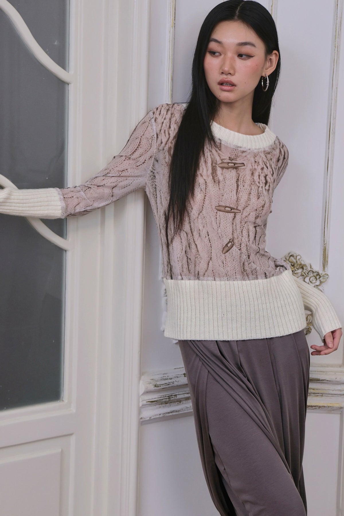 Ribbed Printed Mesh Knit Base Sweater and Skirt Set-Up