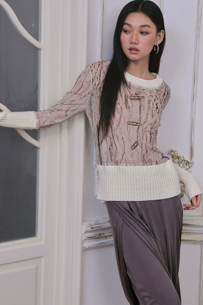 Ribbed Printed Mesh Knit Base Sweater and Skirt Set-Up