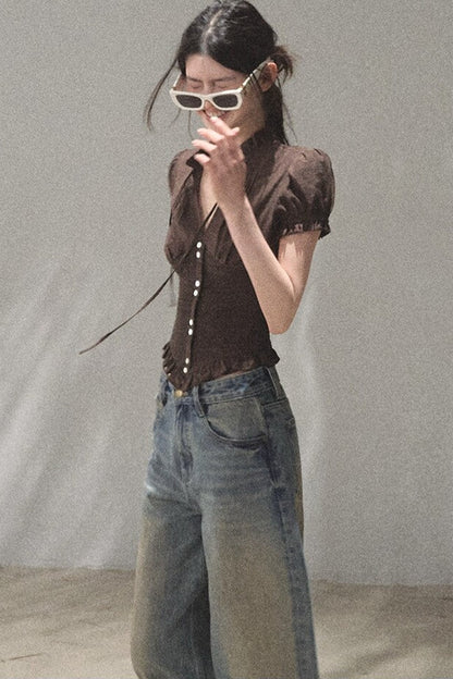 Vintage Hand-Painted Wide Leg Jeans Set