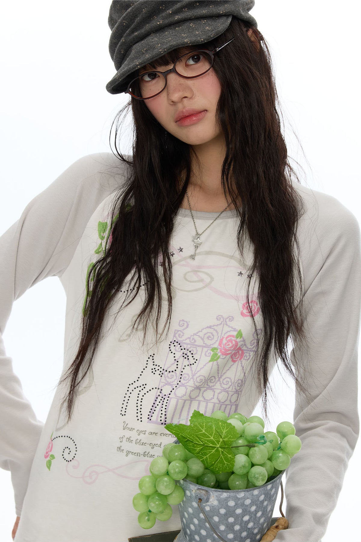 Deer Rose Print Long Sleeve Raglan Tee