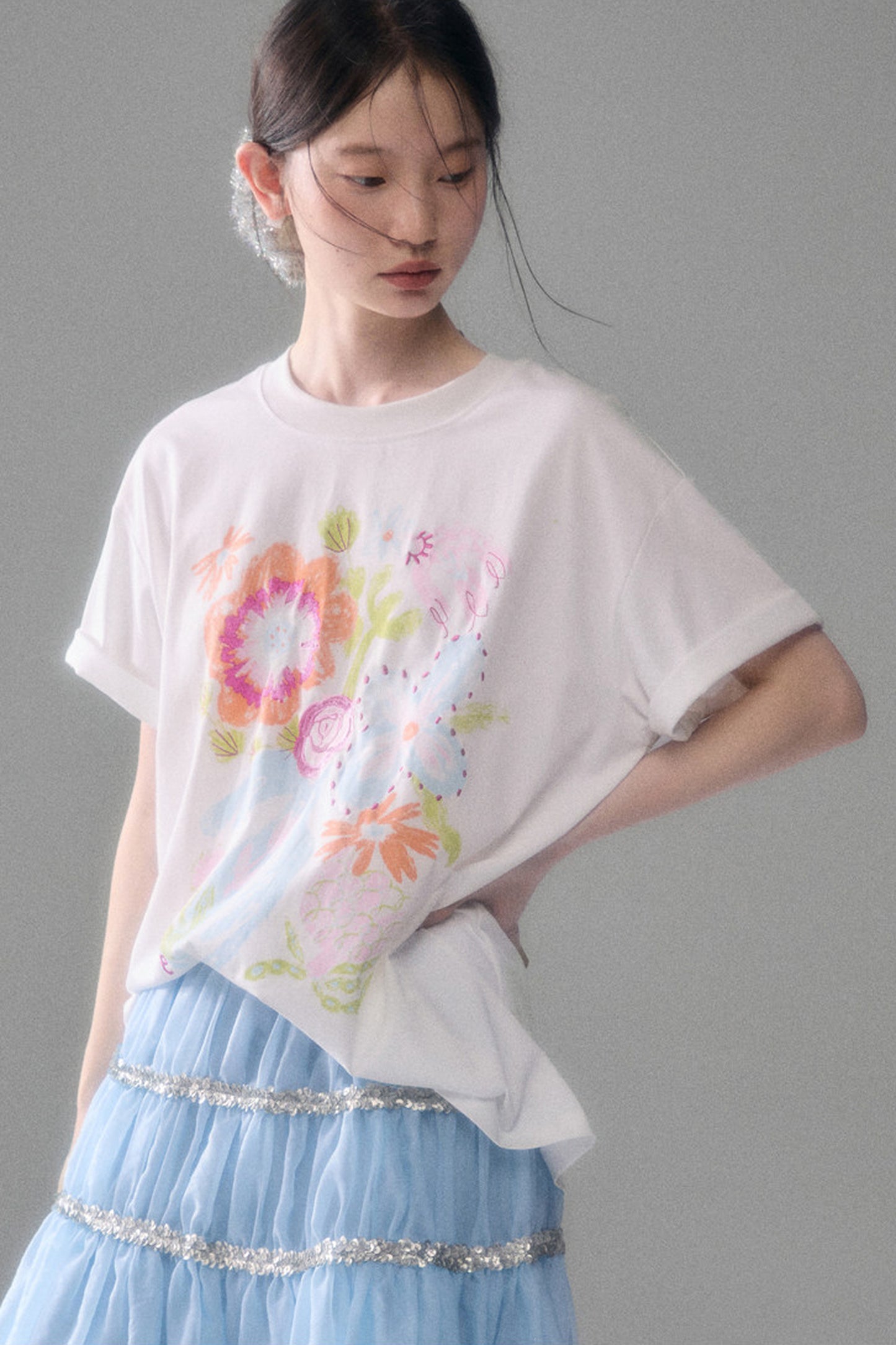 Hand-Painted Floral Bird Embroidered T-Shirt