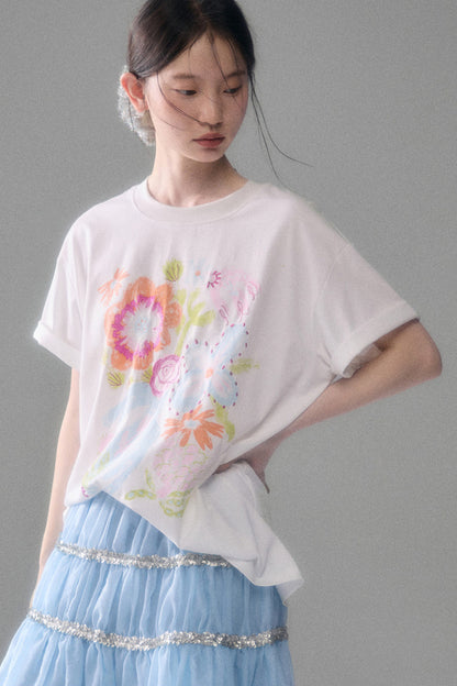 Hand-Painted Floral Bird Embroidered T-Shirt