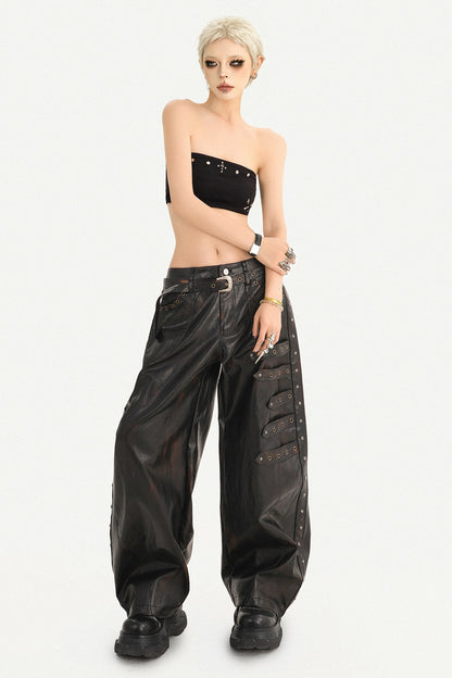 Rivet-Decorated Wide-Leg Leather Pants