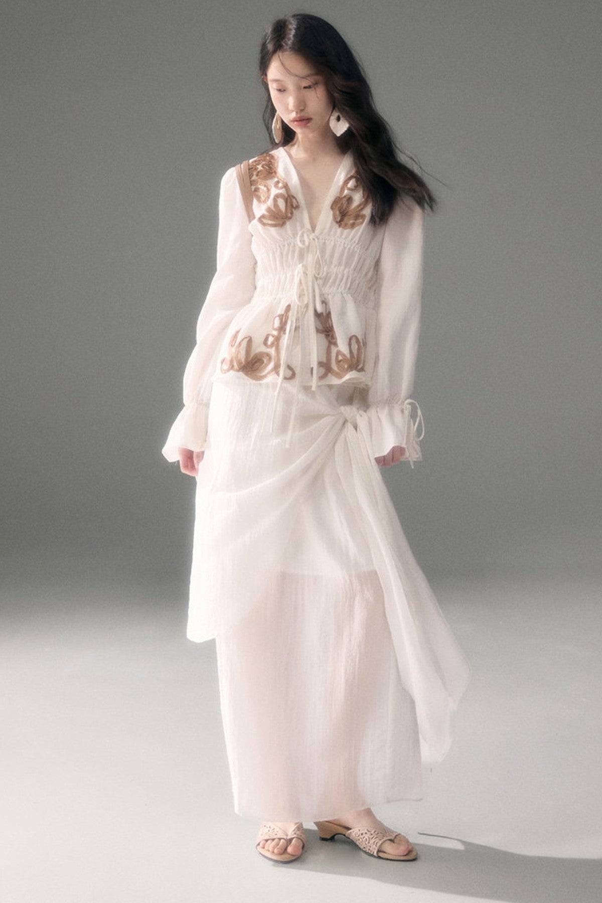 Moonlight Shawl Collar Bell Sleeve Shirt Tie-Up Skirt Set-Up