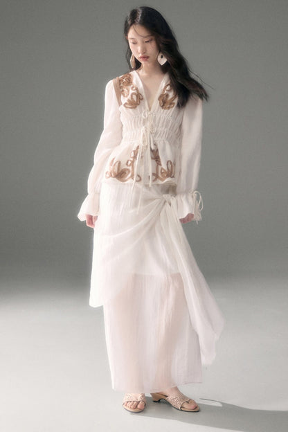 Moonlight Shawl Collar Bell Sleeve Shirt Tie-Up Skirt Set-Up