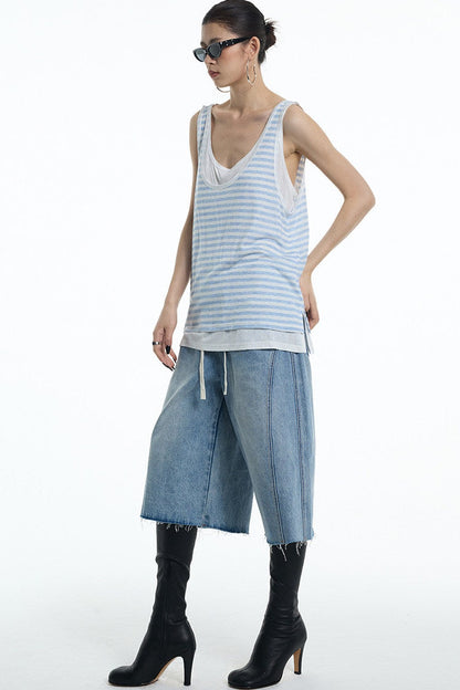 Embroidered Denim Mid-Length Pants