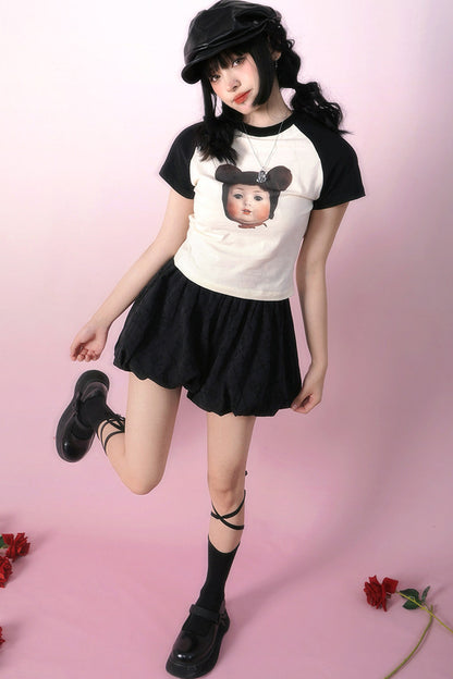 Bear Doll Print Patchwork T-shirt