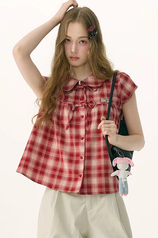 Red Plaid Doll Collar Blouse
