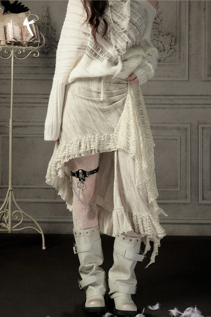 Beige Asymmetrical Lace Spliced Skirt