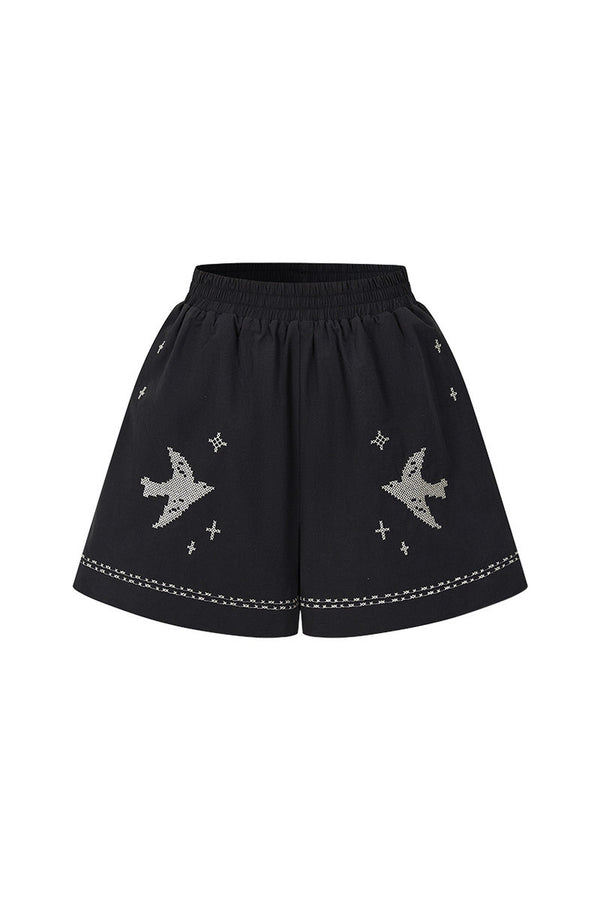 Bird Embroidered Cotton Linen Cardigan And Shorts Set-Up