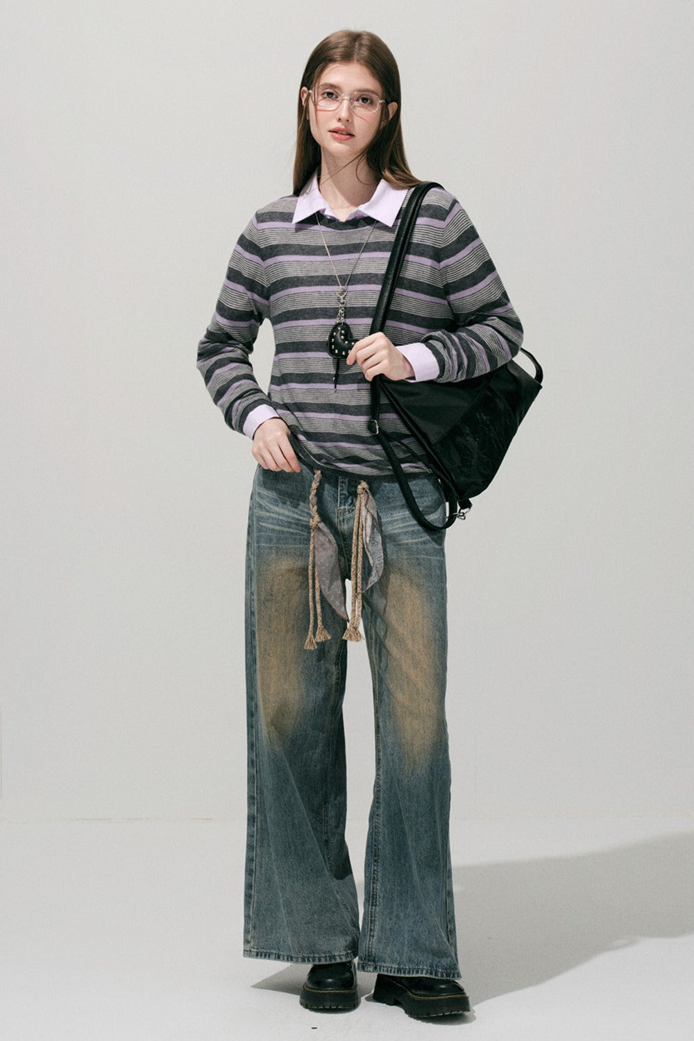Loose Wide Leg Woven Belt Jeans