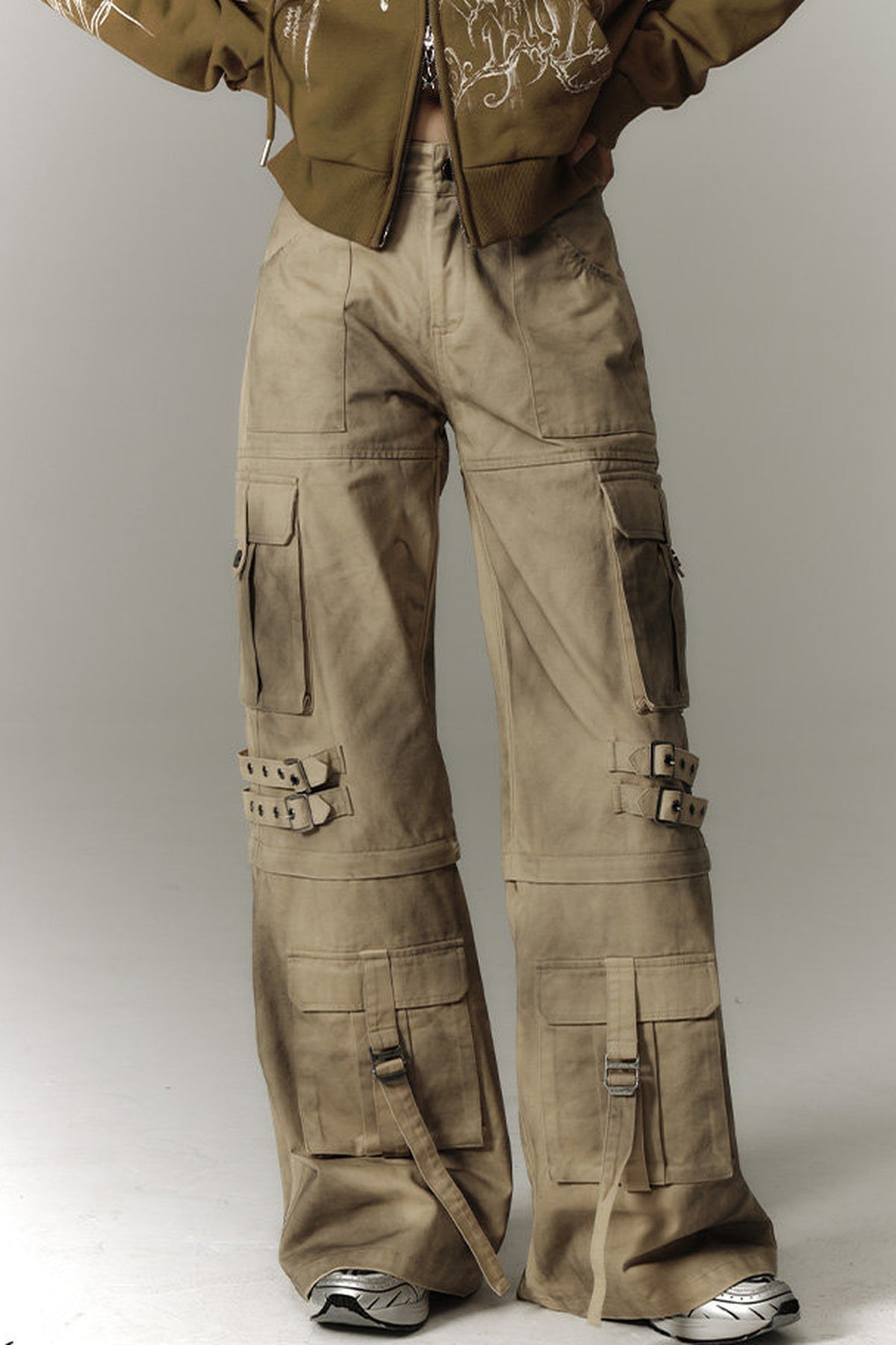 Detachable Washed Workwear Wide-Leg Pants