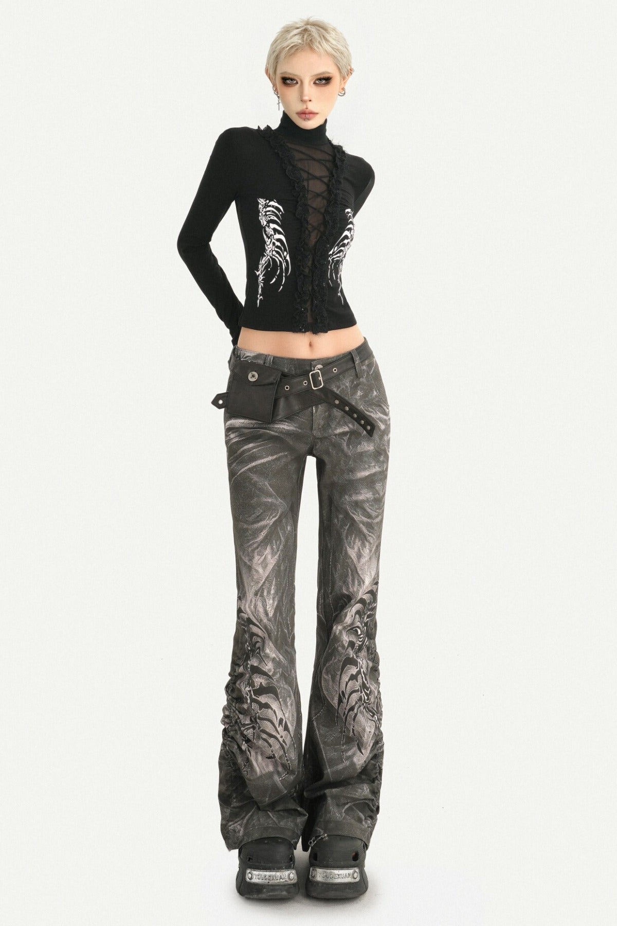 Black Printed Lace Splicing Top and Pants Set-Up