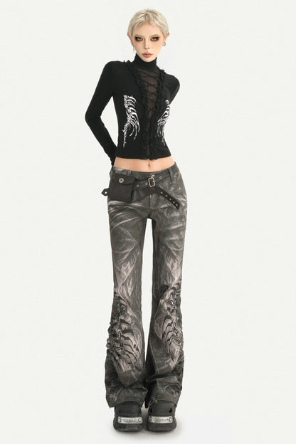 Black Printed Lace Splicing Top and Pants Set-Up
