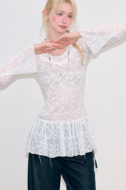 White Lace Halter Bell Sleeve Dress