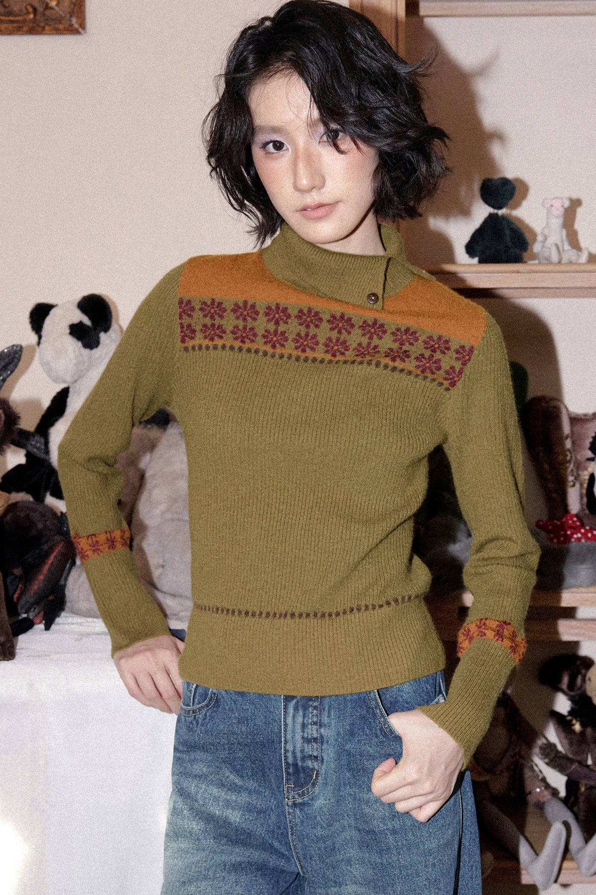 Floral High-Neck Pullover Sweater